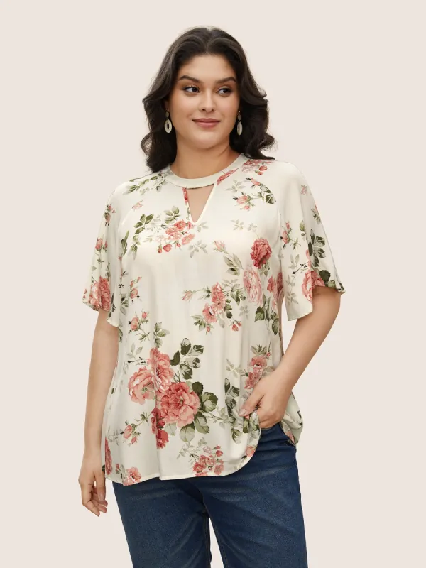 Floral Print Keyhole Flutter Sleeve Blouse sold by Bloomchic