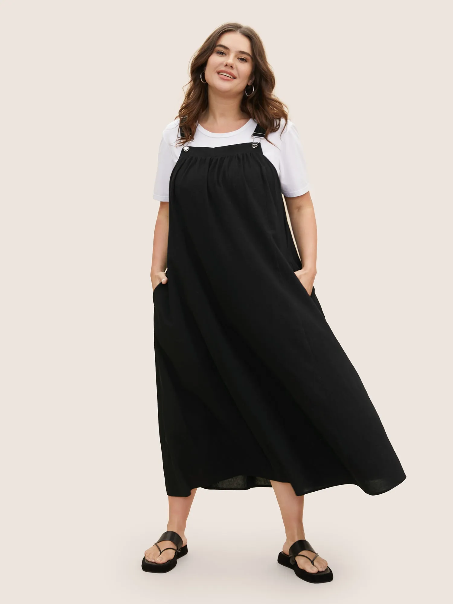 Cotton Solid Adjustable Straps Pocket Midi Dress sold by Bloomchic