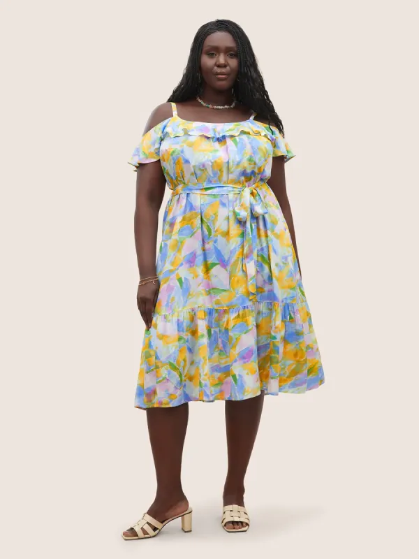 Rayon Pixel Flower Print Ruffles Pocket Dress sold by Bloomchic