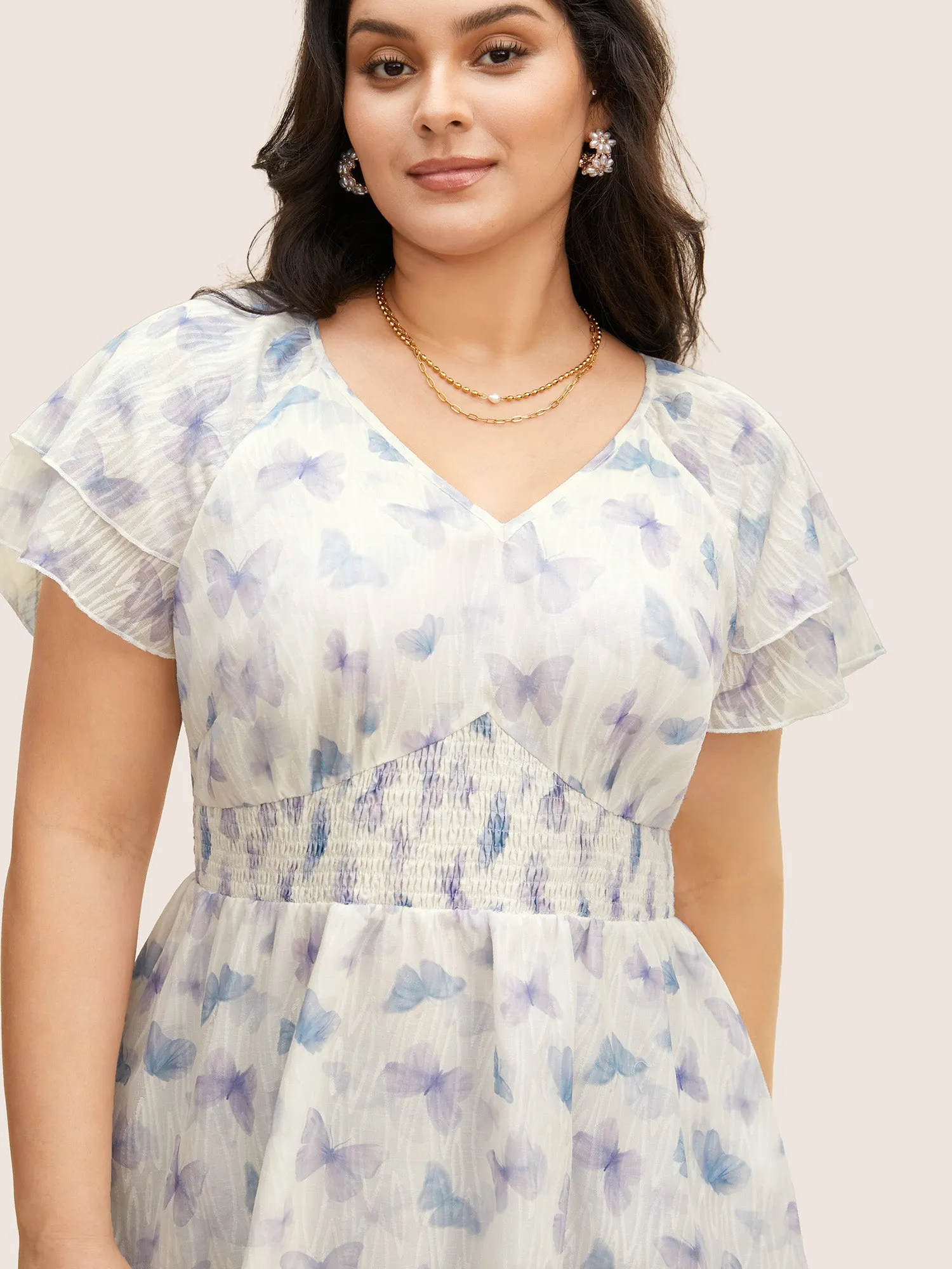 V Neck Butterfly Tiered Ruffles Shirred Blouse sold by Bloomchic product image thumbnail 4