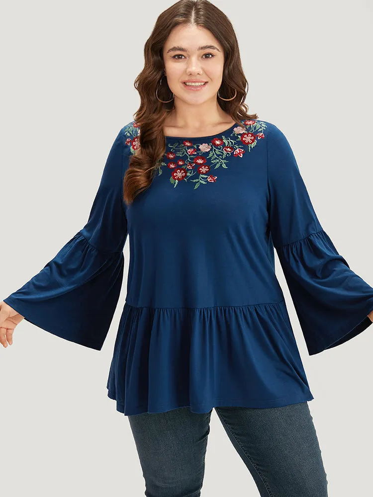 Floral Embroidered Bell Sleeve Crew Neck T-shirt sold by Bloomchic product image thumbnail 4