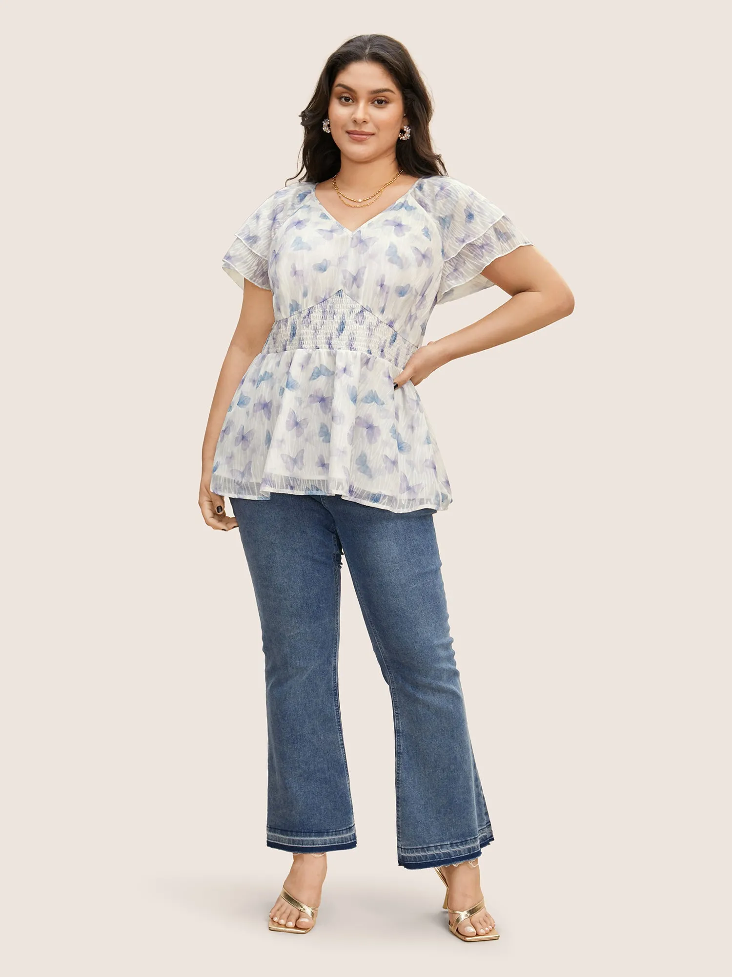 V Neck Butterfly Tiered Ruffles Shirred Blouse sold by Bloomchic product image thumbnail 3