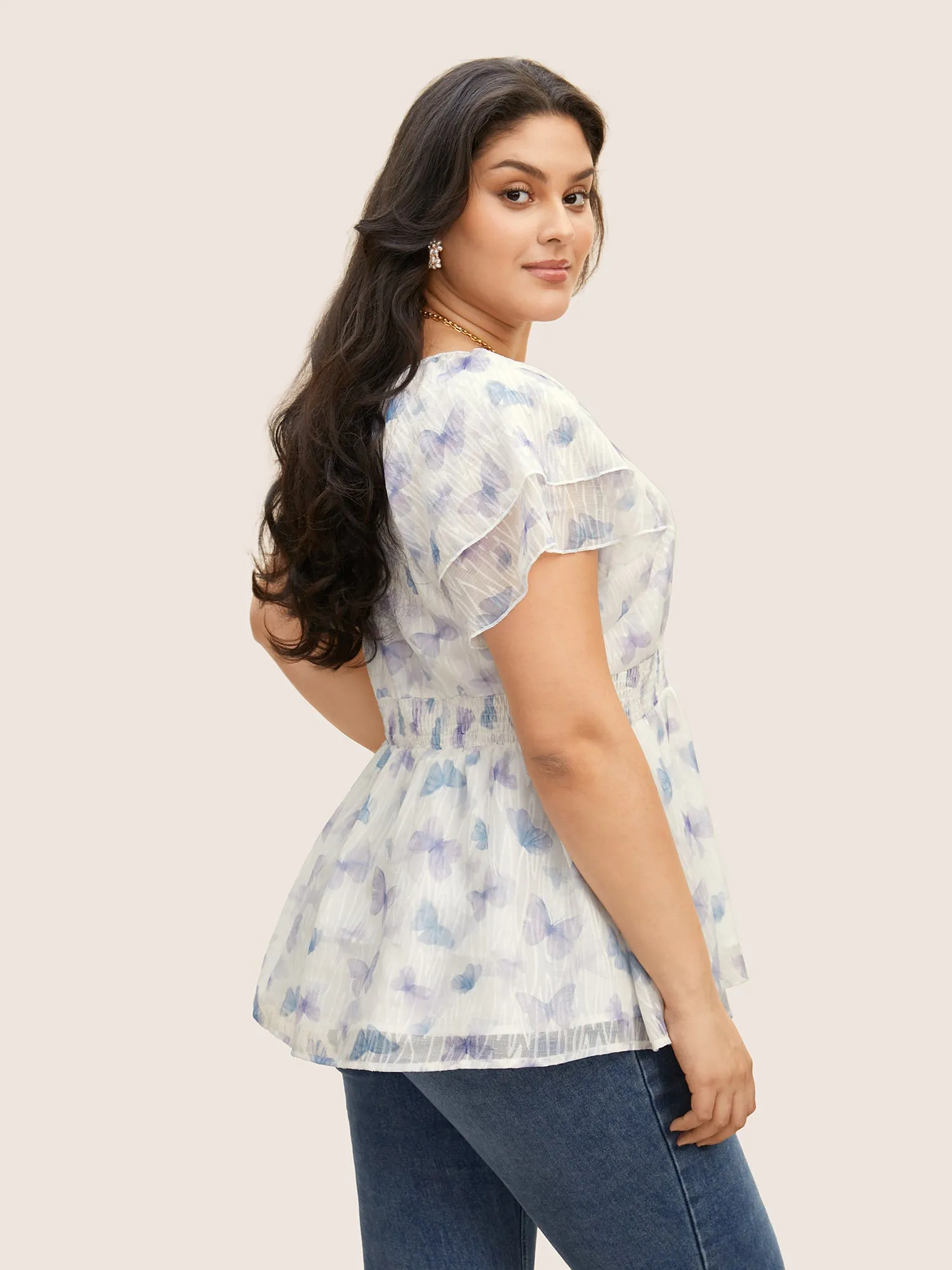 V Neck Butterfly Tiered Ruffles Shirred Blouse sold by Bloomchic product image thumbnail 2