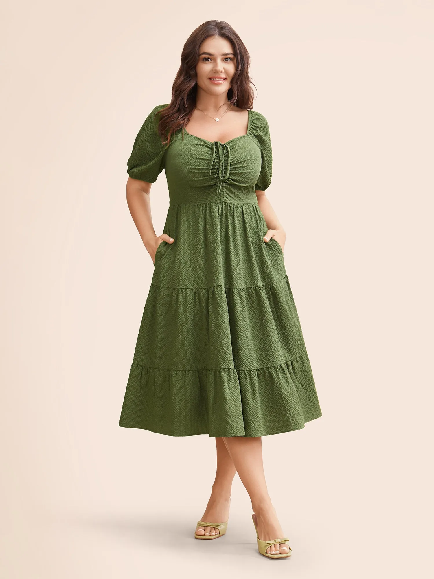 Textured Drawstring Ruffle Layered Hem Dress sold by Bloomchic product image thumbnail 3