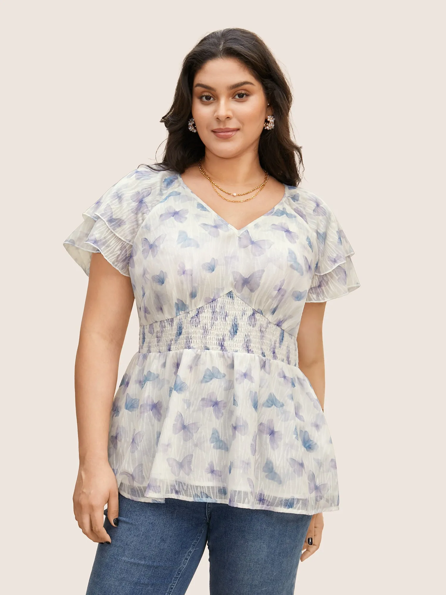 V Neck Butterfly Tiered Ruffles Shirred Blouse sold by Bloomchic