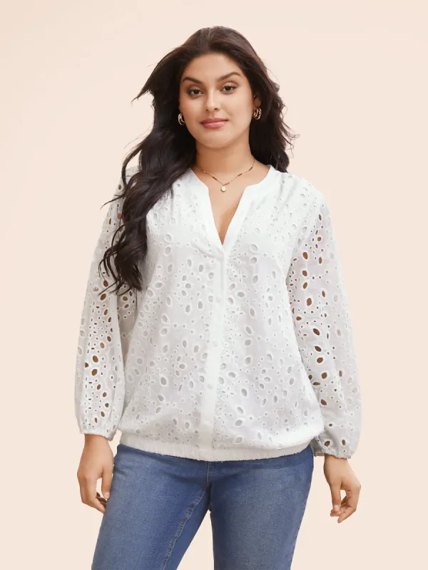 Notched Broderie Anglaise Lantern Sleeve Blouse sold by Bloomchic