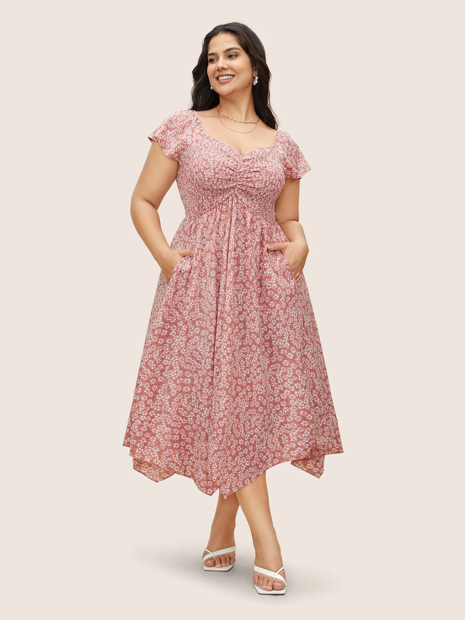 Ditsy Floral Heart Neckline Ruched Ruffle Sleeve Dress sold by Bloomchic
