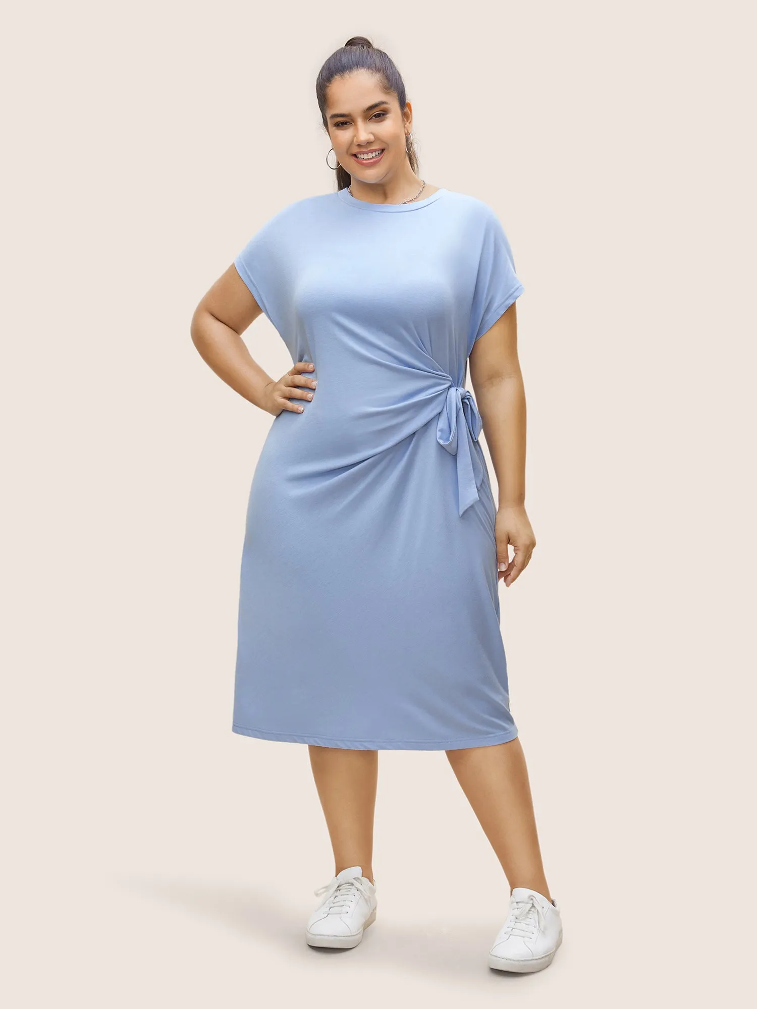 Plain Tie Knot Batwing Sleeve Dress sold by Bloomchic