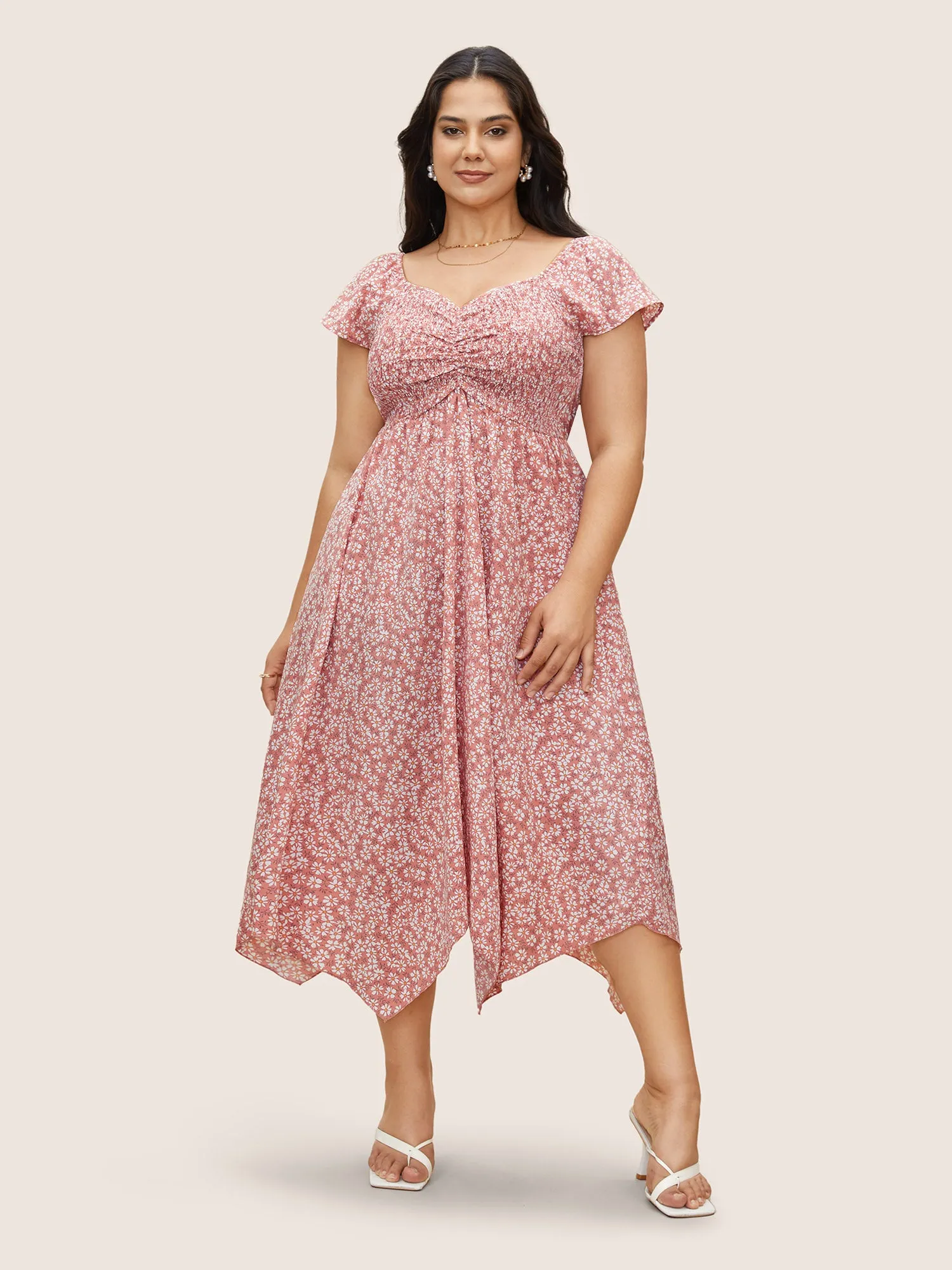 Ditsy Floral Heart Neckline Ruched Ruffle Sleeve Dress sold by Bloomchic product image thumbnail 2