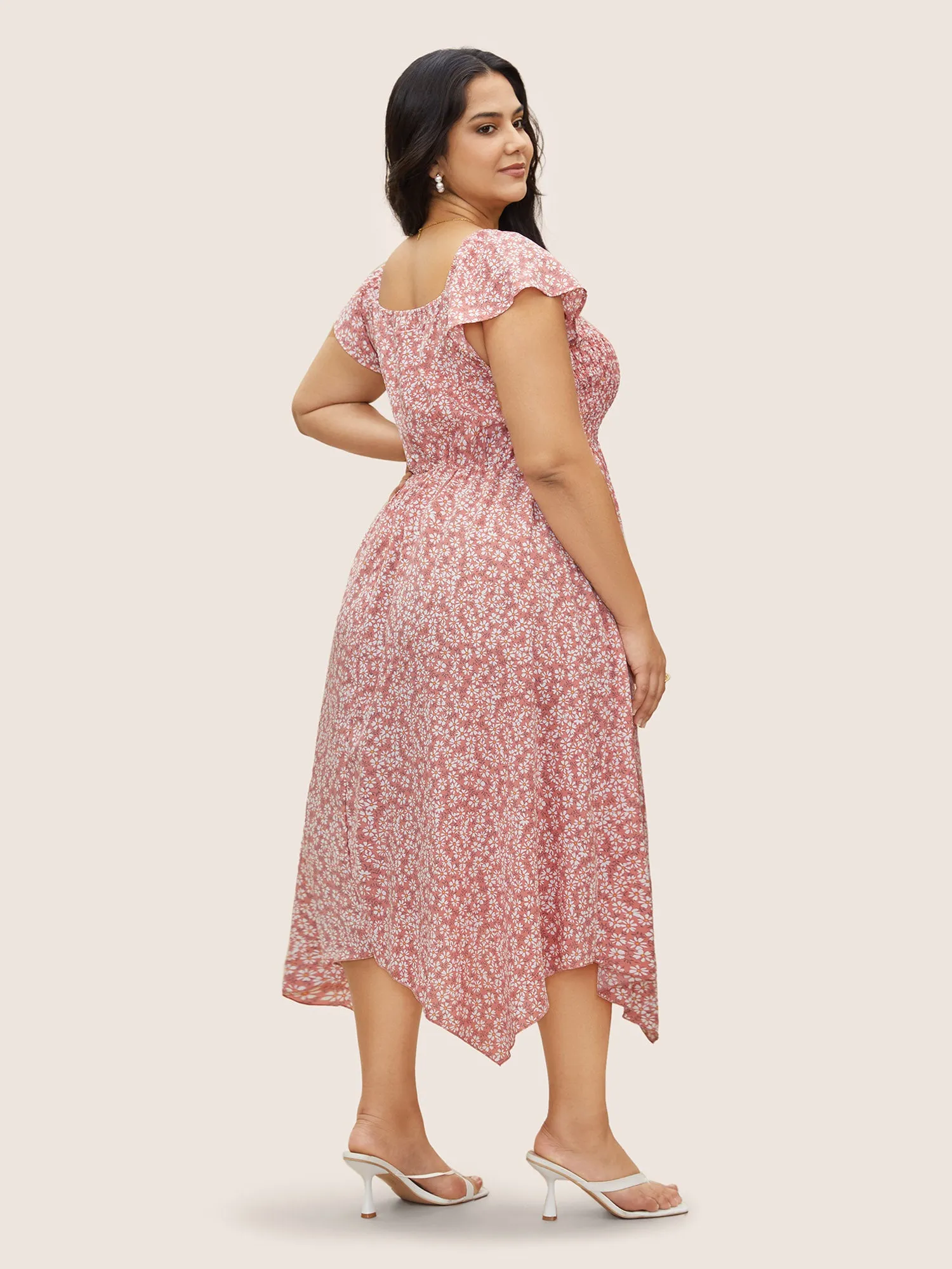 Ditsy Floral Heart Neckline Ruched Ruffle Sleeve Dress sold by Bloomchic product image thumbnail 3