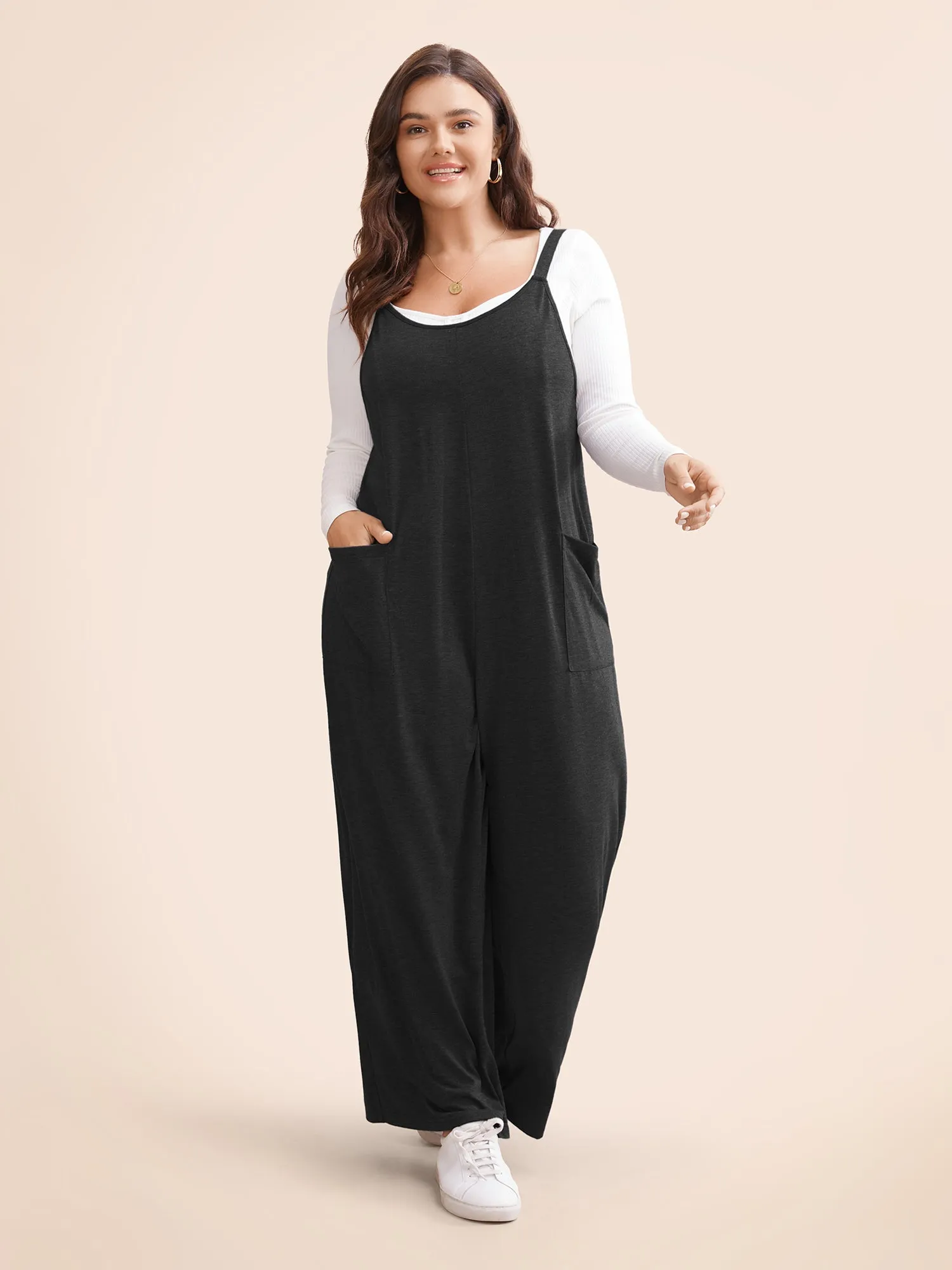 Supersoft Essentials Solid Patched Pocket Overall Cami Jumpsuit sold by Bloomchic