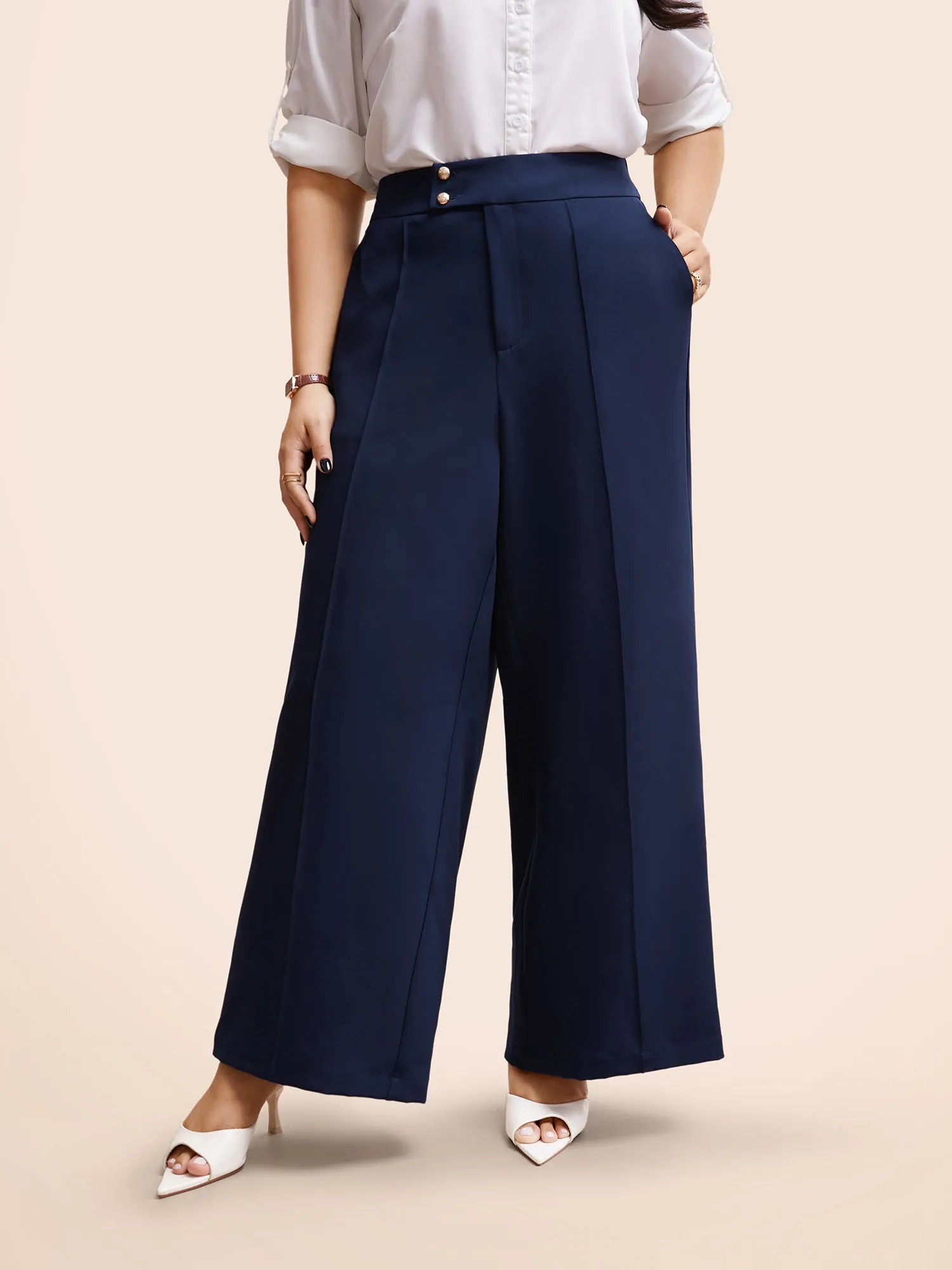 Stretch Woven Metal Buckle Wide Leg Pants sold by Bloomchic