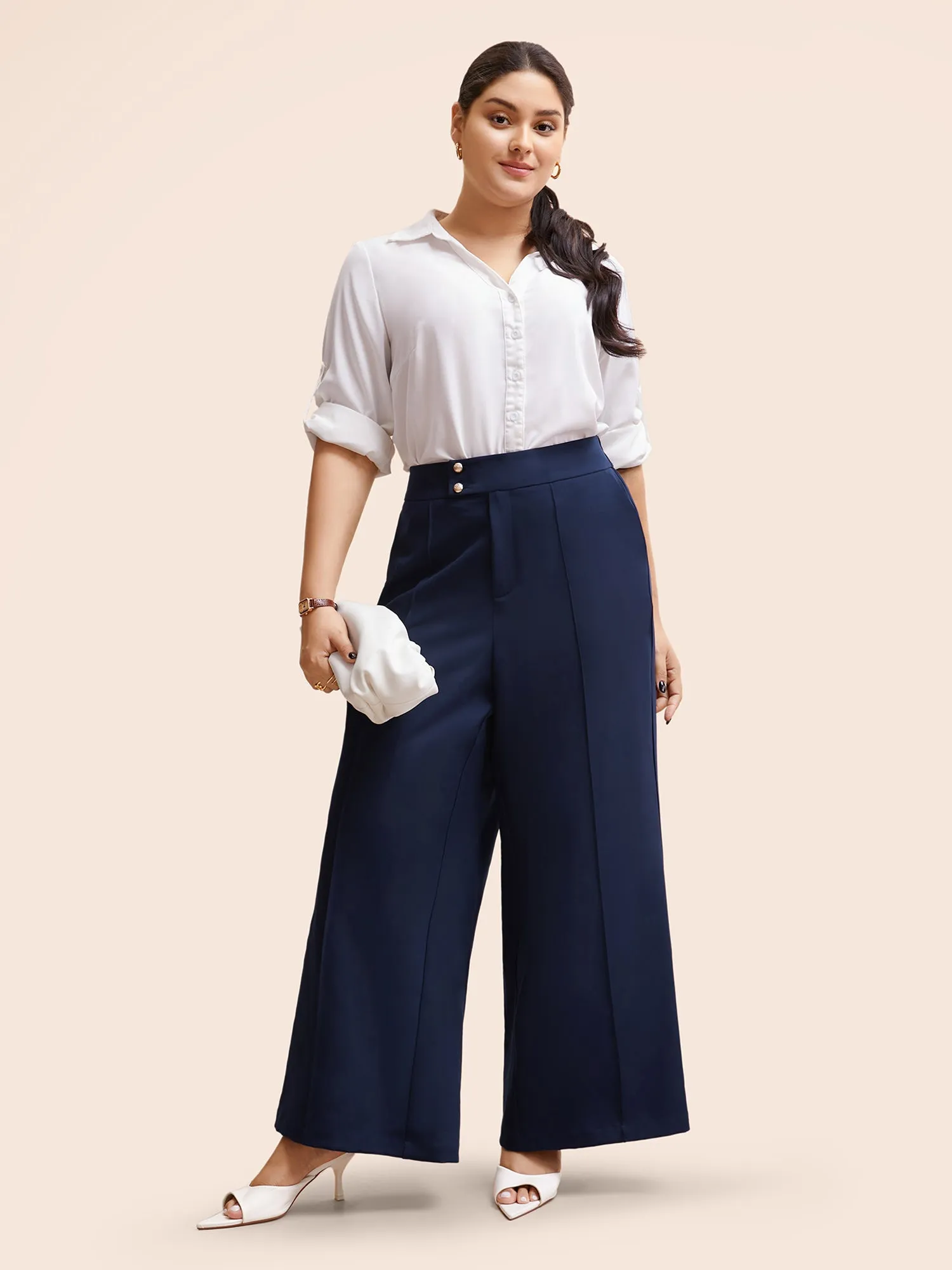 Stretch Woven Metal Buckle Wide Leg Pants sold by Bloomchic product image thumbnail 3
