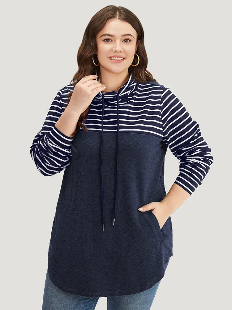 Mock Neck Striped Patchwork Drawstring Sweatshirt sold by Bloomchic