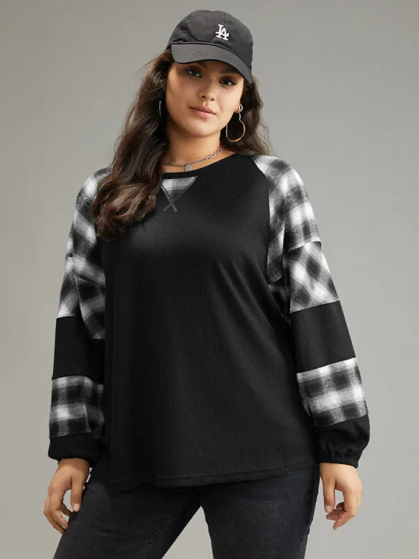 Plaid Patchwork Rib Knit Elastic Cuffs Sweatshirt sold by Bloomchic