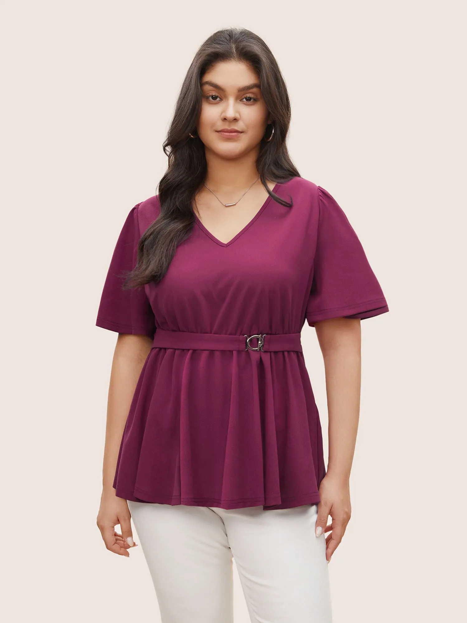Solid Elastic Waist Flutter Sleeve Buckle Detail Blouse sold by Bloomchic