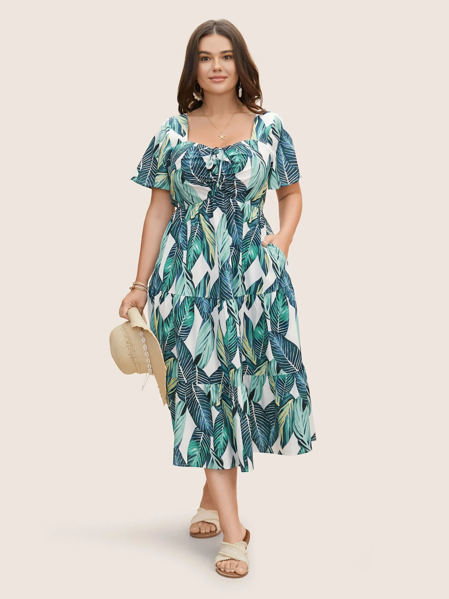 Tropical Print Drawstring Ruffle Sleeve Dress sold by Bloomchic product image thumbnail 2