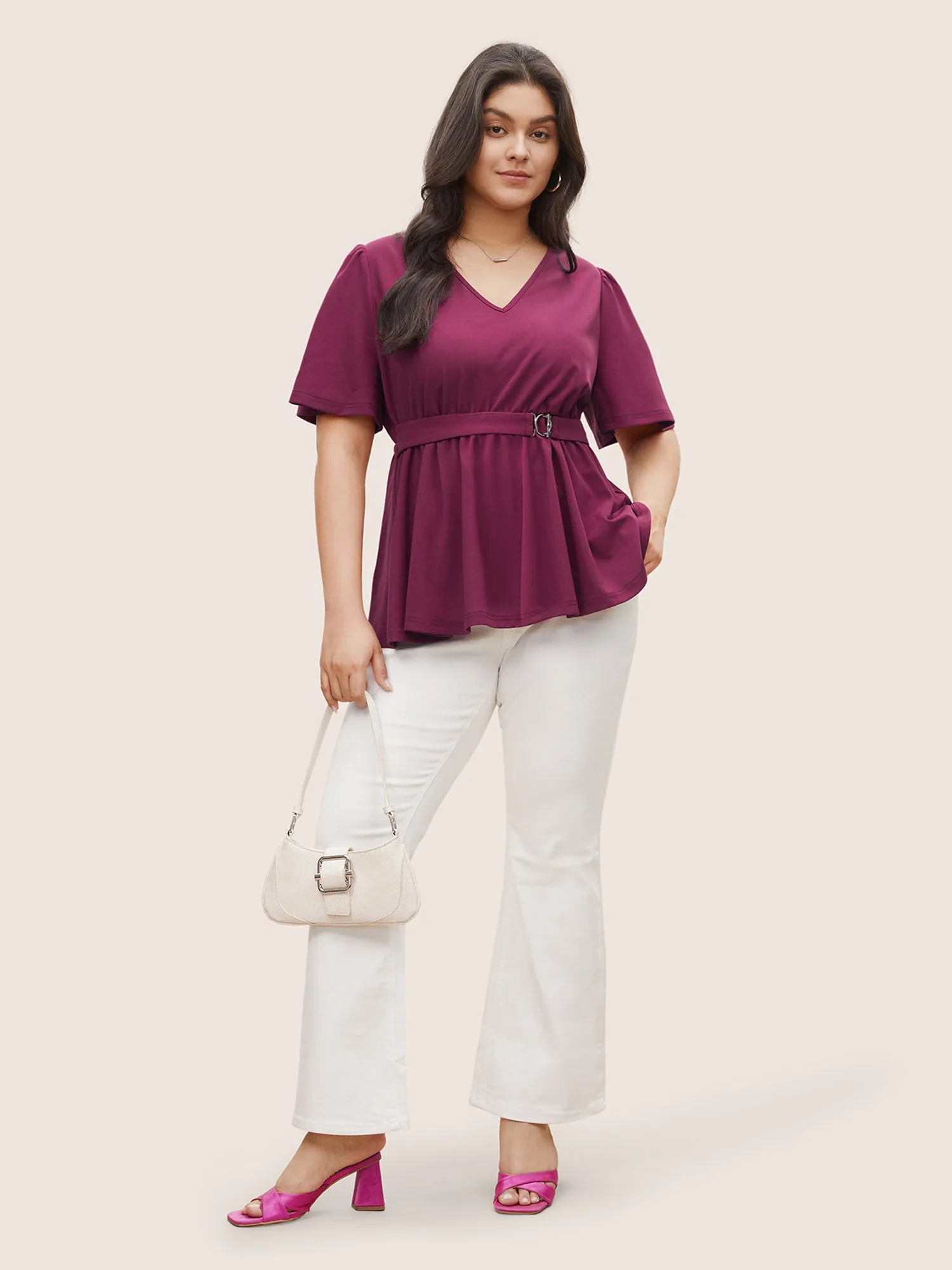 Solid Elastic Waist Flutter Sleeve Buckle Detail Blouse sold by Bloomchic product image thumbnail 2