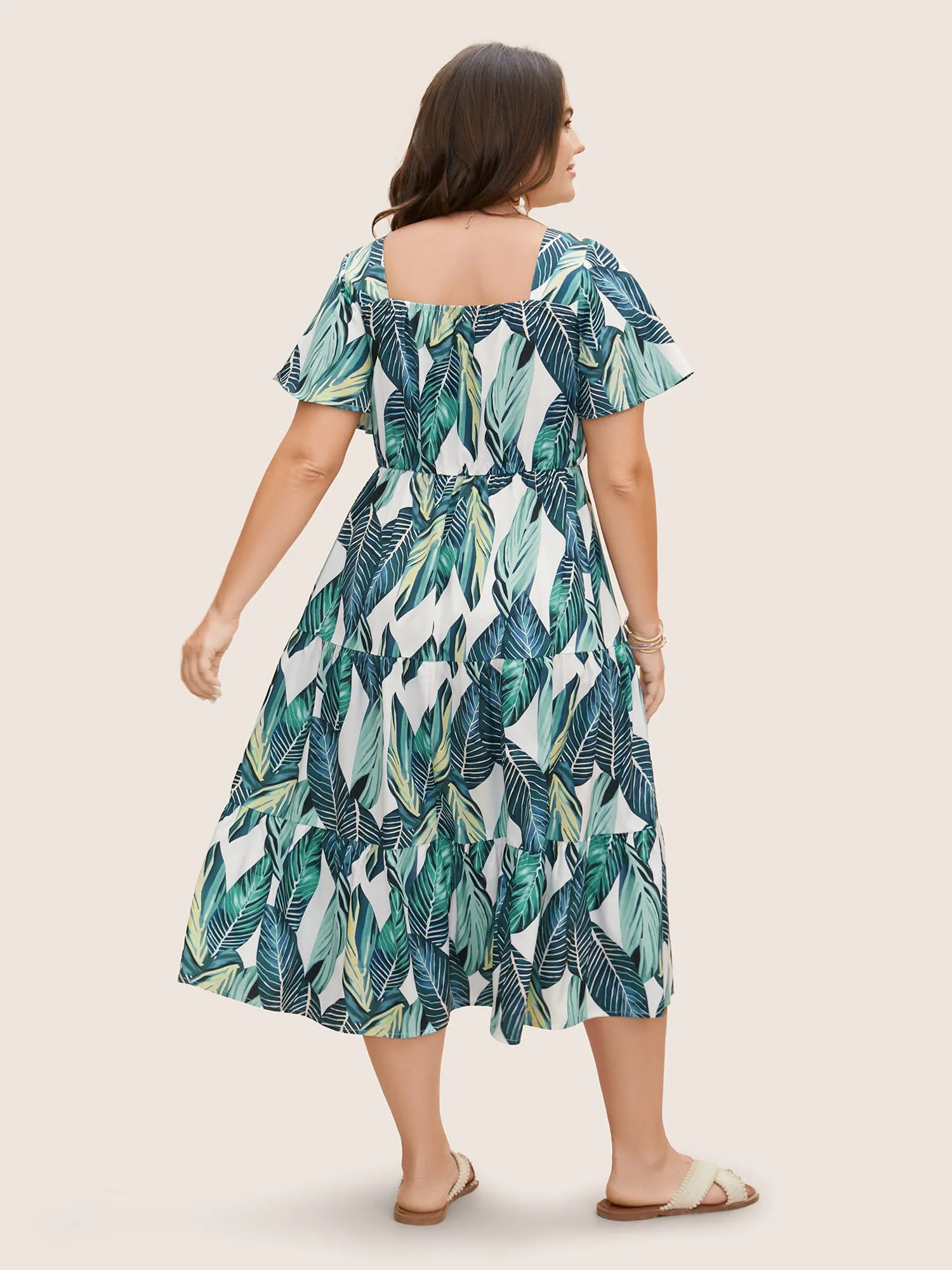 Tropical Print Drawstring Ruffle Sleeve Dress sold by Bloomchic product image thumbnail 3