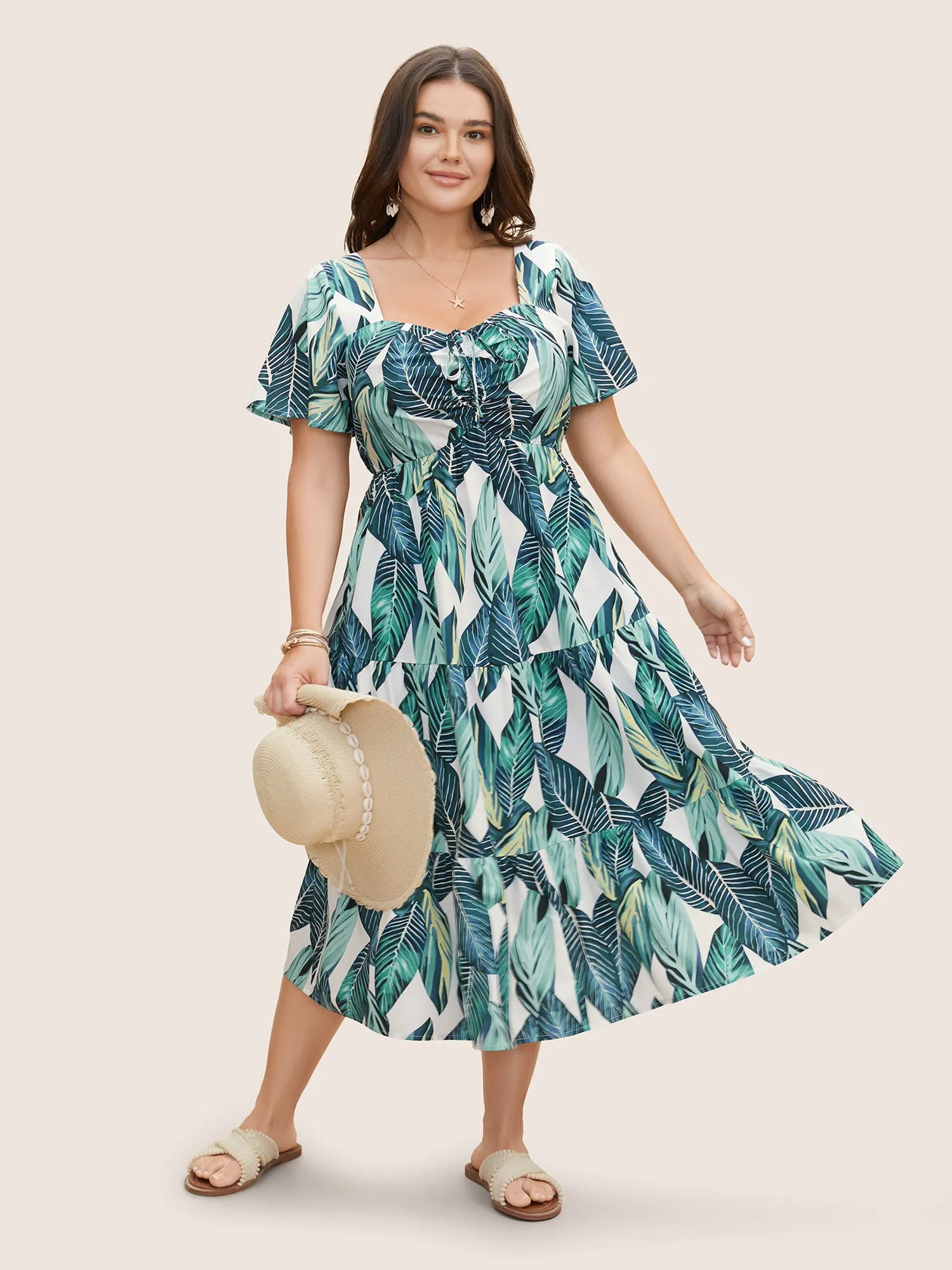 Tropical Print Drawstring Ruffle Sleeve Dress sold by Bloomchic