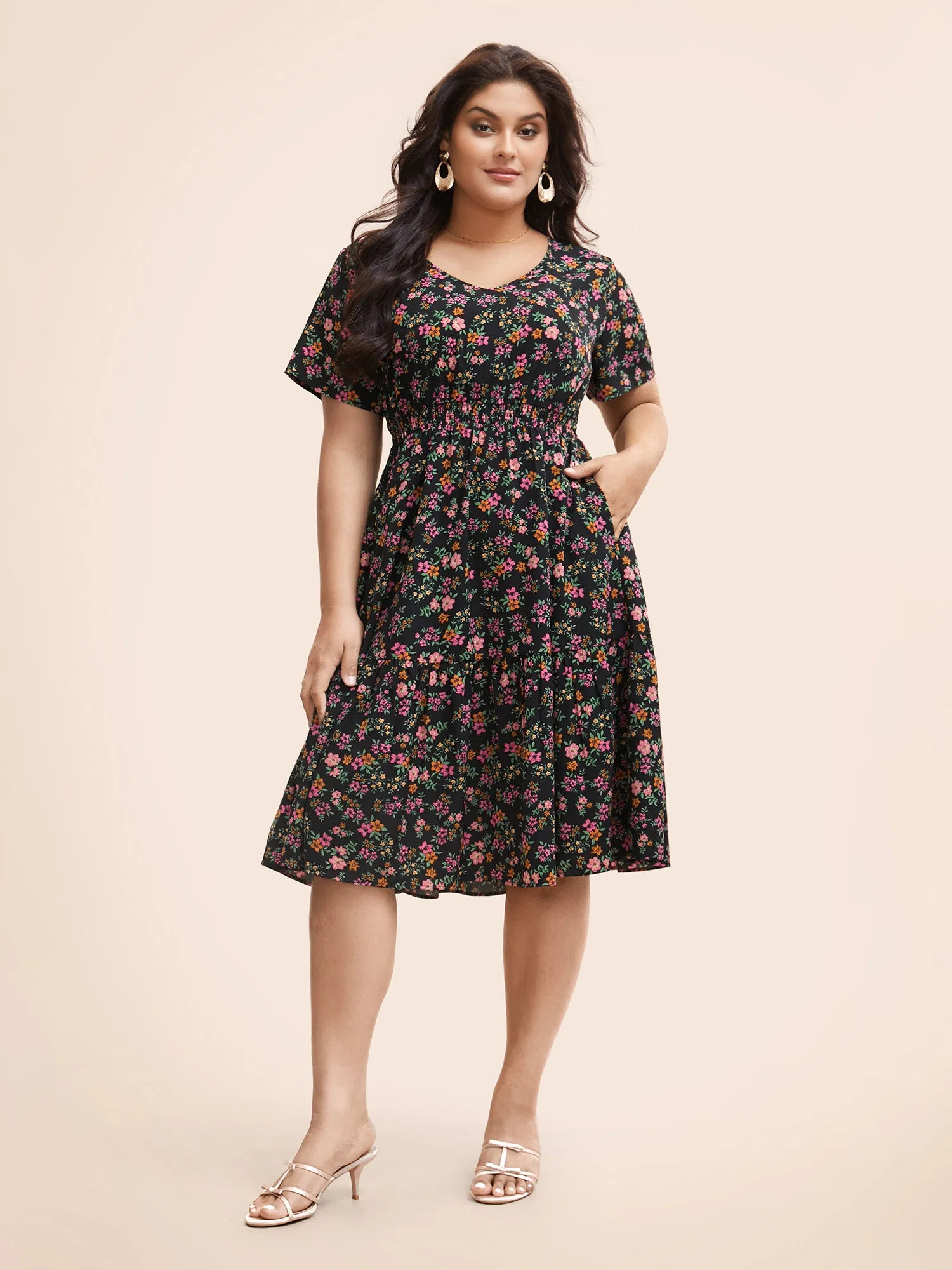 V Neck Ditsy Floral Shirred Dress sold by Bloomchic