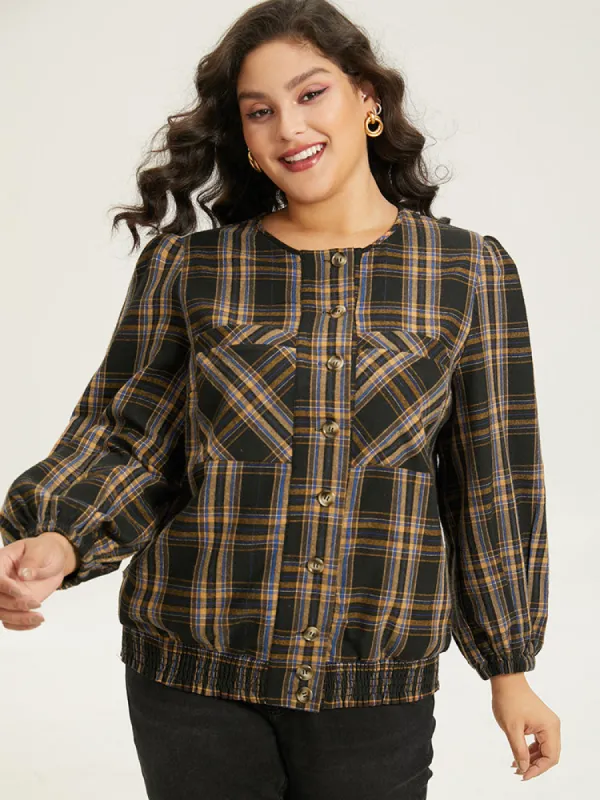 Plaid Button Through Elastic Hem Shacket sold by Bloomchic