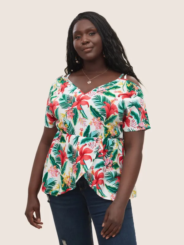 Tropical Print Elastic Waist Cold Shoulder Wrap Hem Blouse sold by Bloomchic