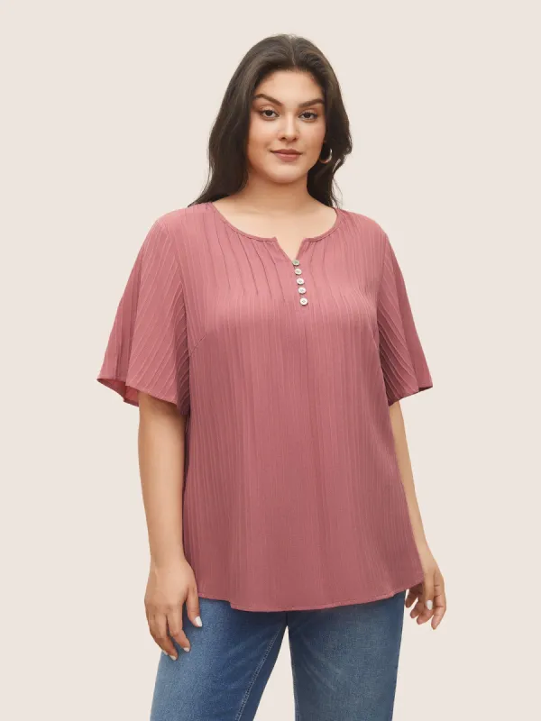 Plain Texture Notched Pleated Button Detail Blouse sold by Bloomchic