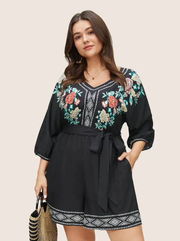 Bandana Print Pocket Belted Elastic Cuffs Romper sold by Bloomchic