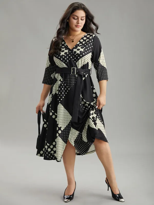 Polka Dot Geometric print Belted Wrap Dress sold by Bloomchic