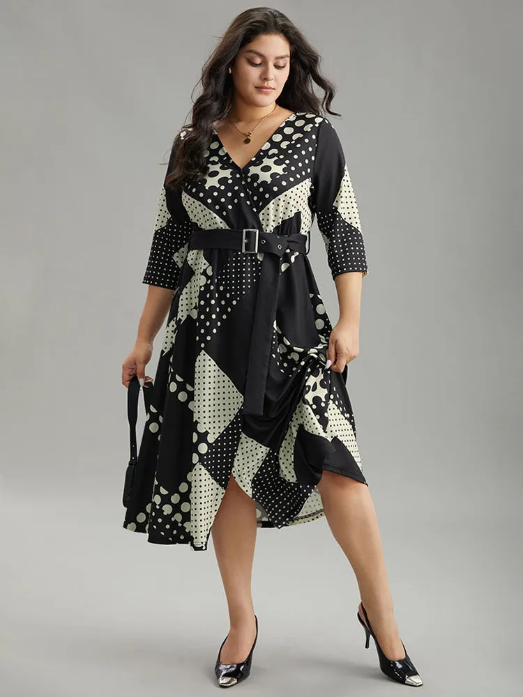 Polka Dot Geometric print Belted Wrap Dress sold by Bloomchic