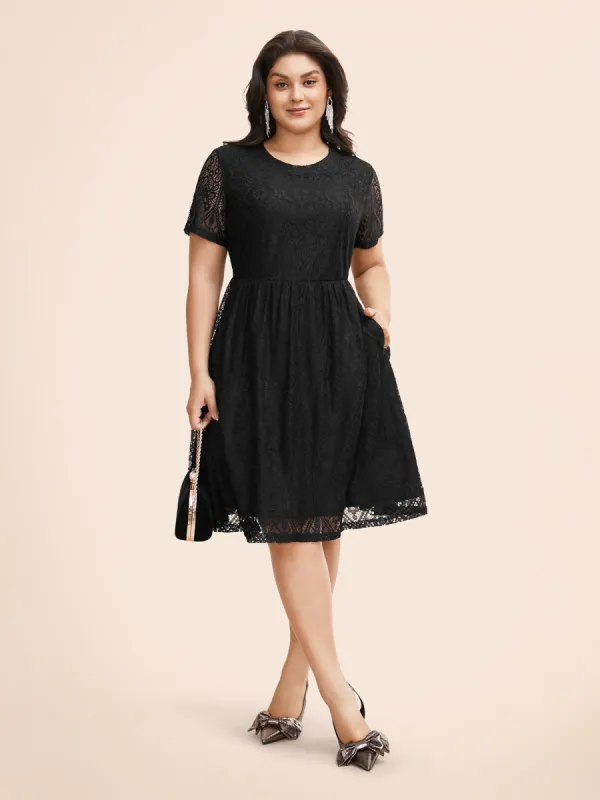 Round Neck Lace Patchwork Mesh Dress sold by Bloomchic