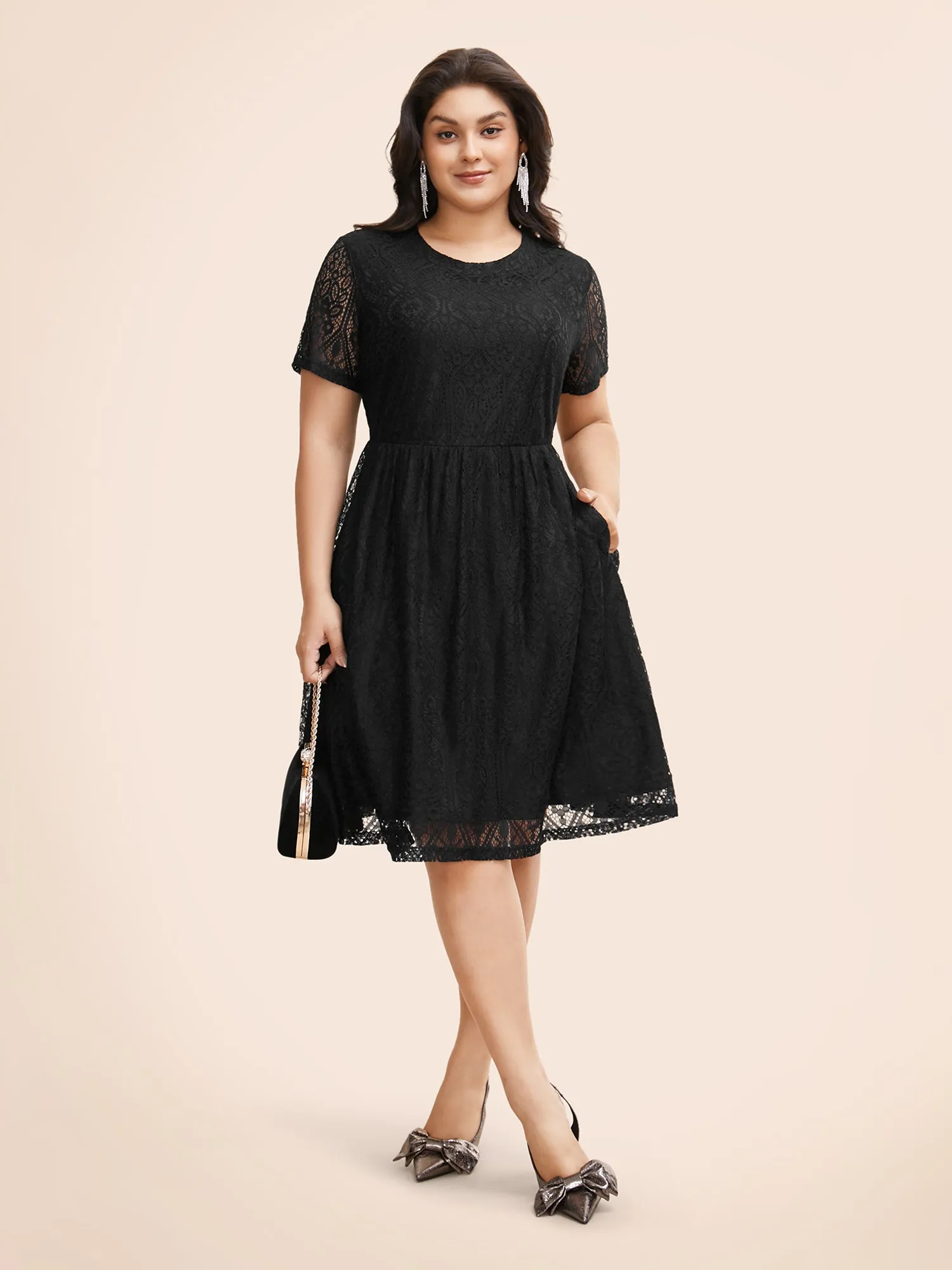 Round Neck Lace Patchwork Mesh Dress sold by Bloomchic