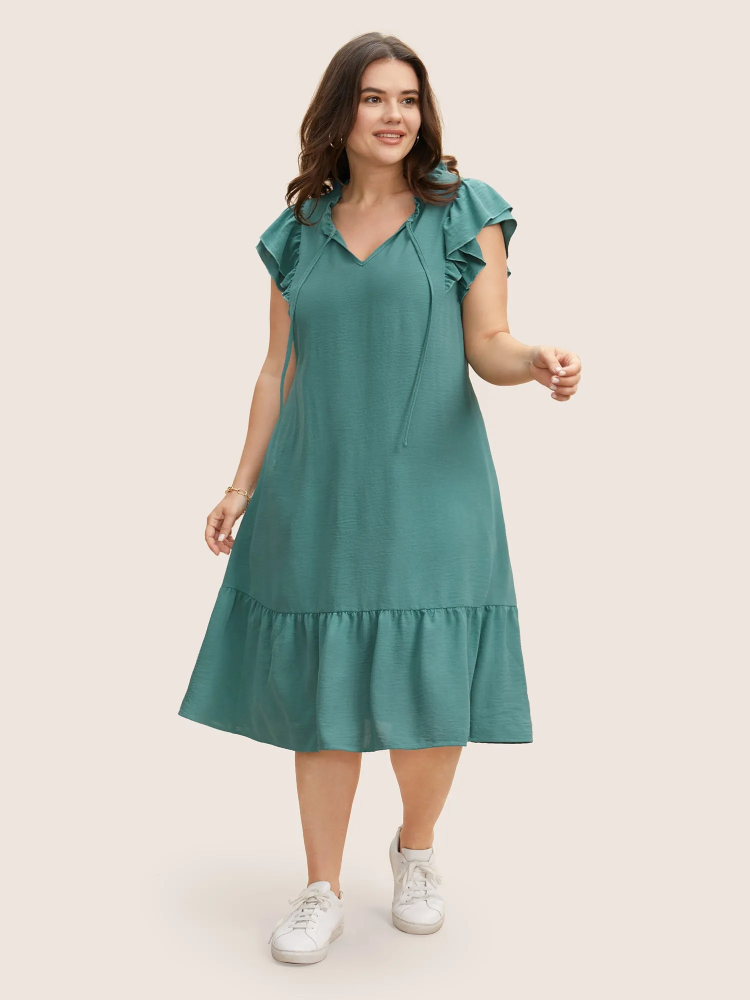 Solid Tiered Ruffles Tie Knot Midi Dress sold by Bloomchic