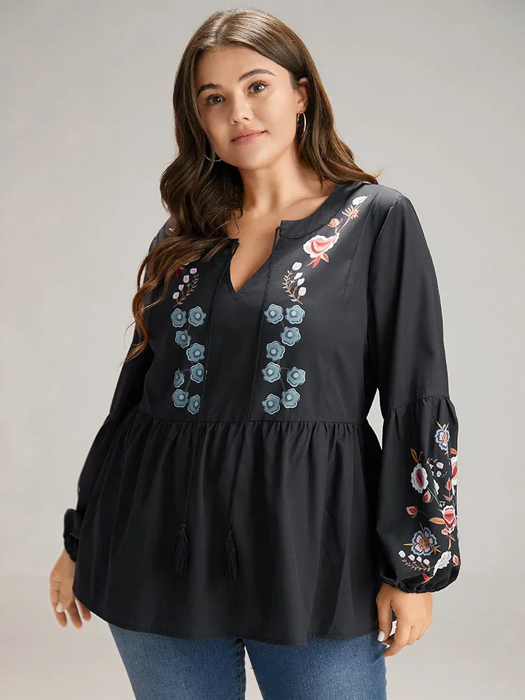 Floral Print Tassels Knot Neck Lantern Sleeve Blouse sold by Bloomchic product image thumbnail 3