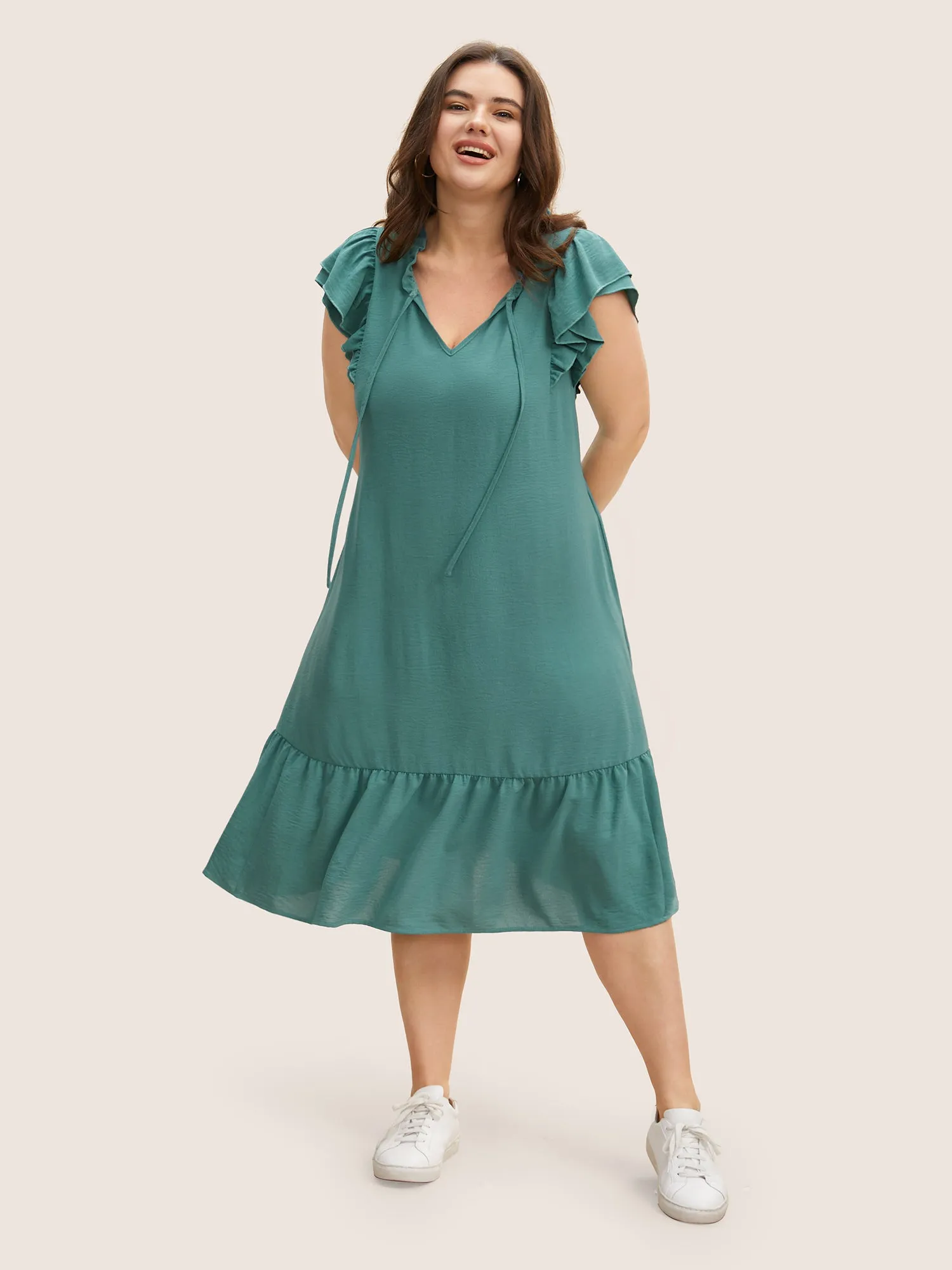 Solid Tiered Ruffles Tie Knot Midi Dress sold by Bloomchic product image thumbnail 2