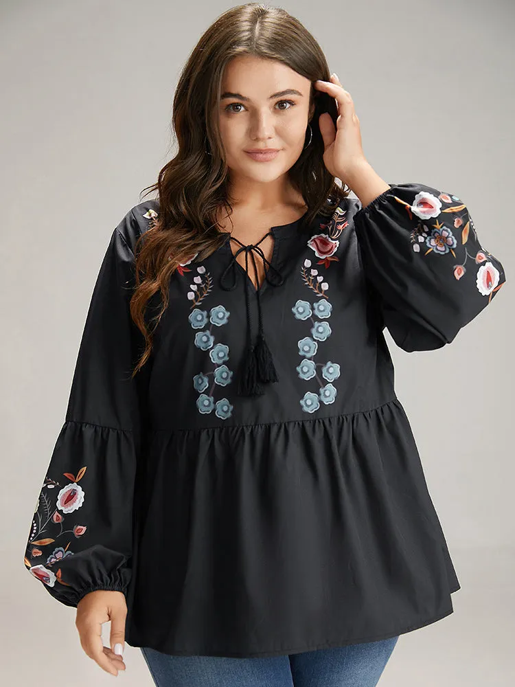 Floral Print Tassels Knot Neck Lantern Sleeve Blouse sold by Bloomchic