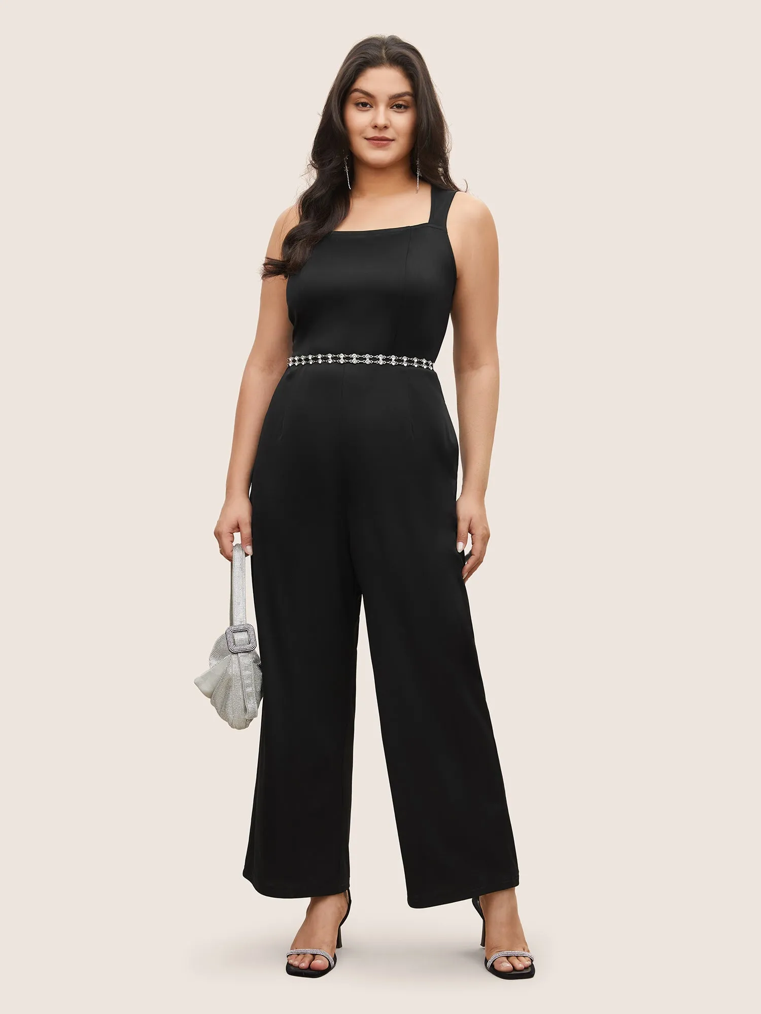 Solid Patchwork Pocket Square Neck Sleeveless Jumpsuit sold by Bloomchic