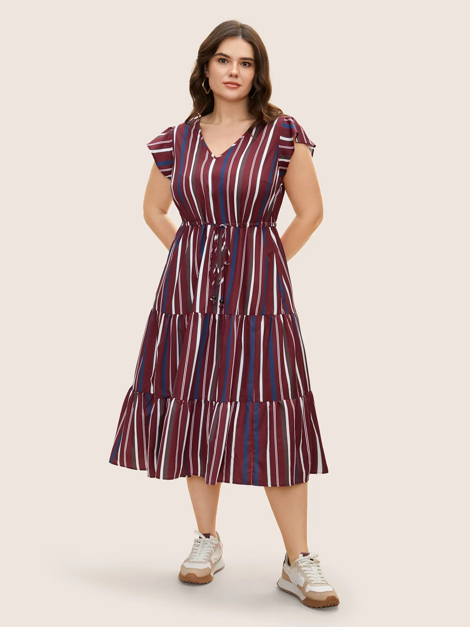 Striped Drawstring Ruffle Cap Sleeve Midi Dress sold by Bloomchic