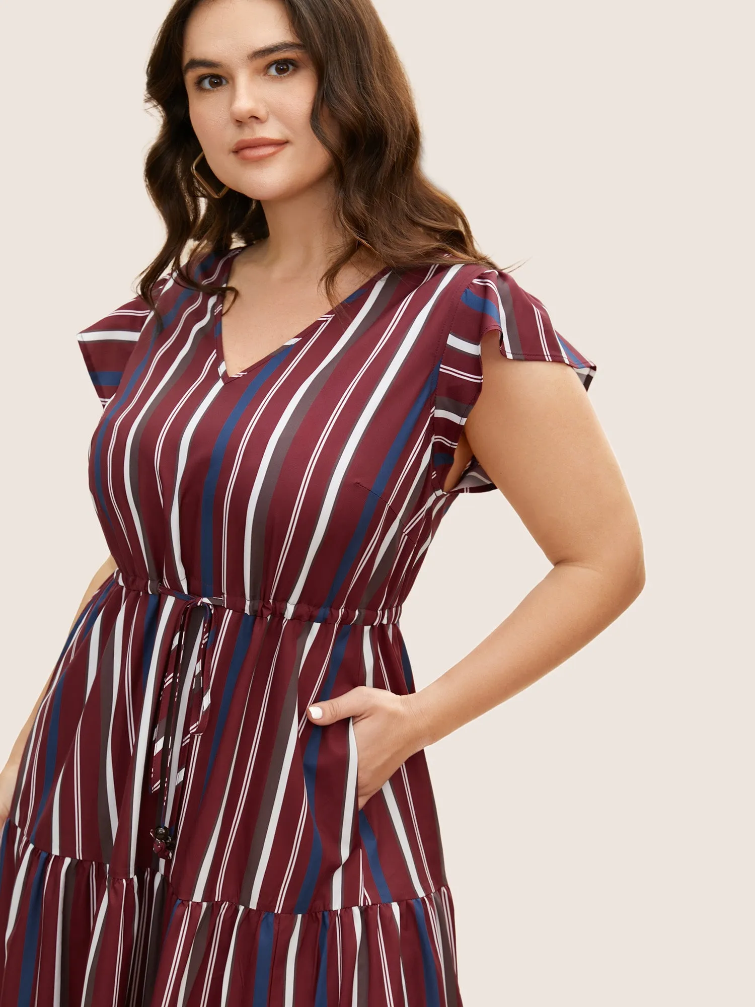 Striped Drawstring Ruffle Cap Sleeve Midi Dress sold by Bloomchic product image thumbnail 5