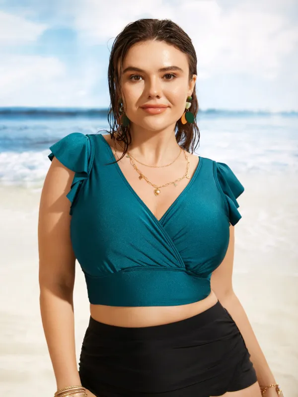 Solid Wrap Ruffle Cap Sleeve Swim Top sold by Bloomchic