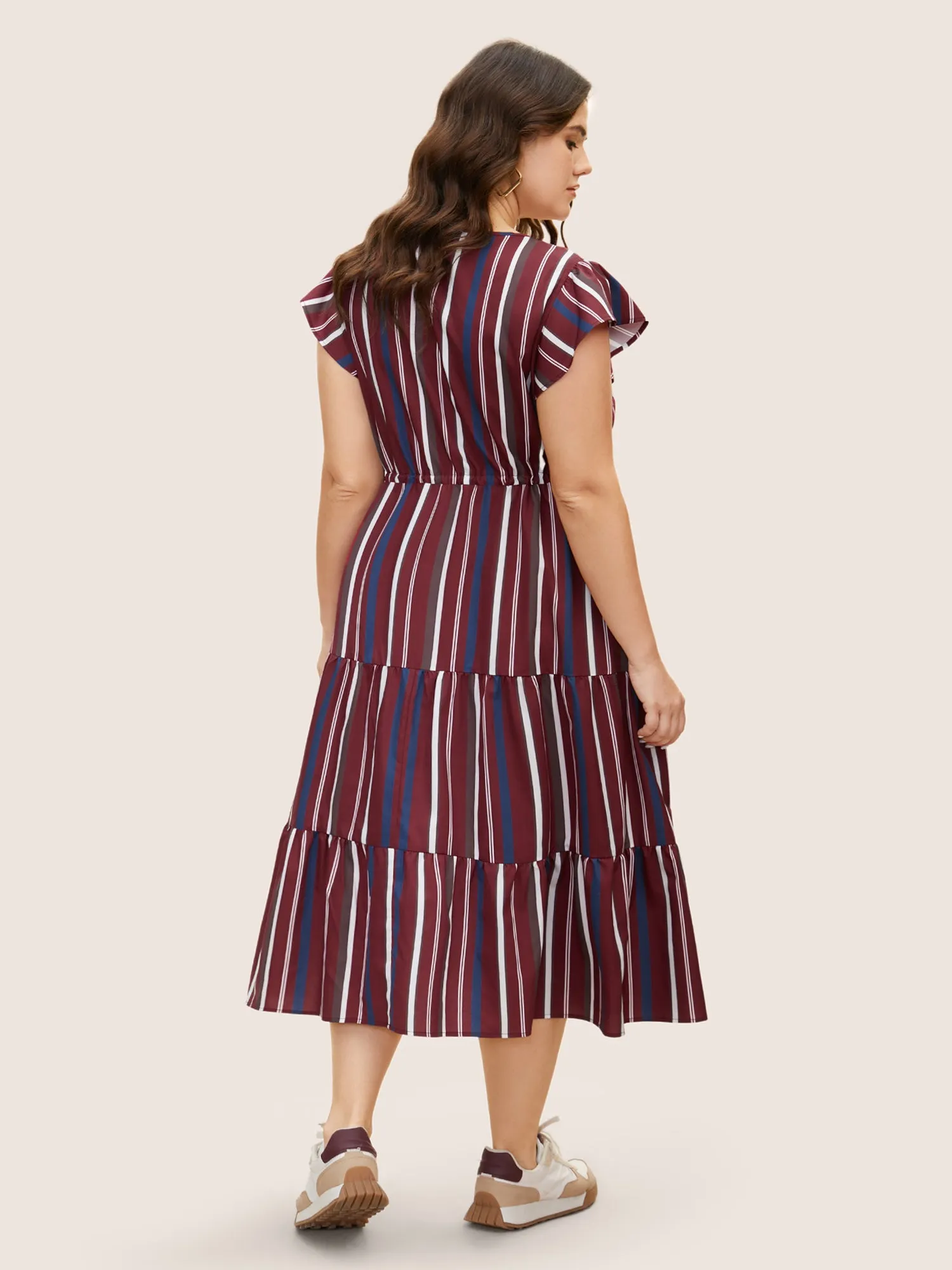 Striped Drawstring Ruffle Cap Sleeve Midi Dress sold by Bloomchic product image thumbnail 3