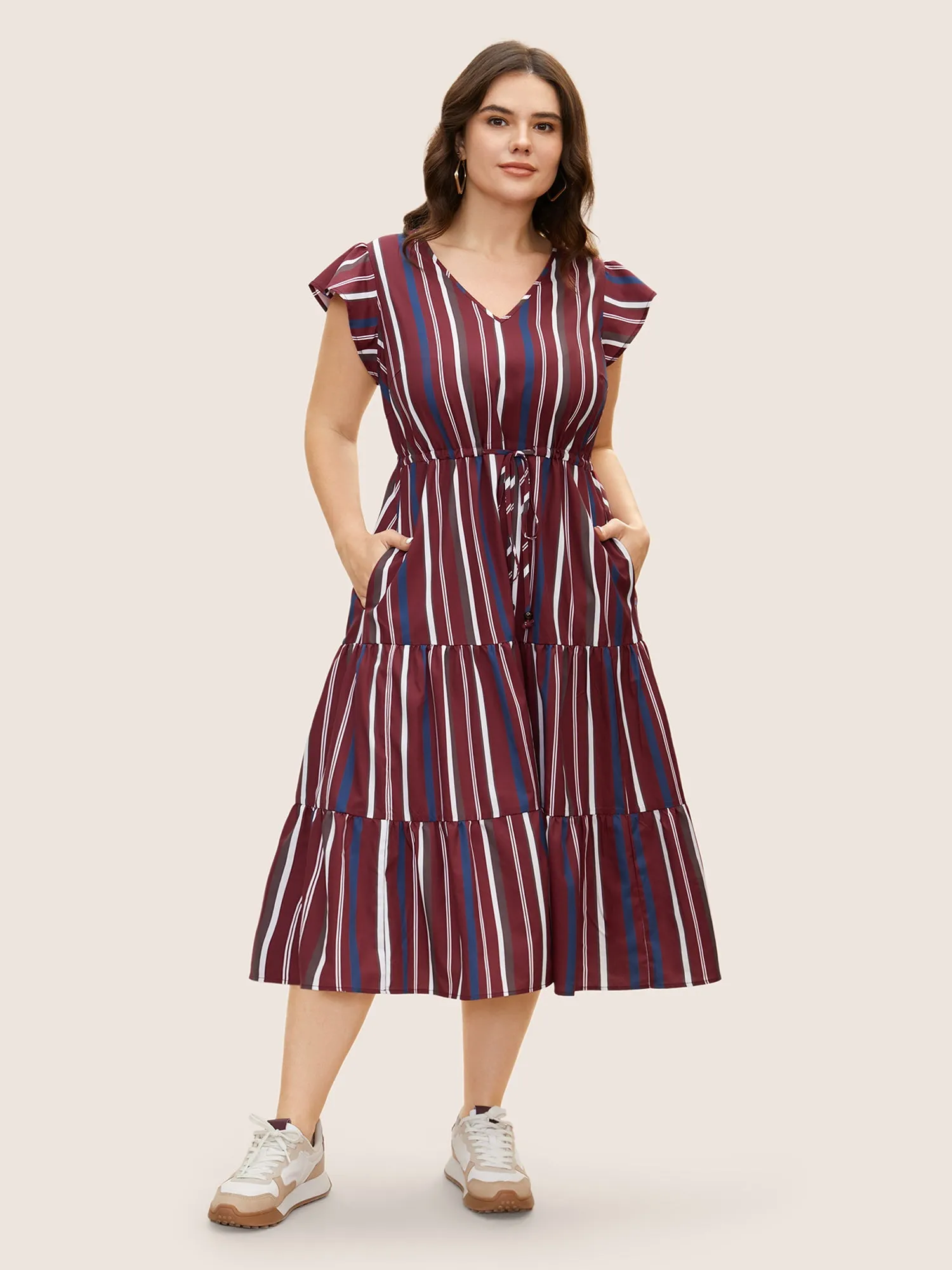 Striped Drawstring Ruffle Cap Sleeve Midi Dress sold by Bloomchic product image thumbnail 2