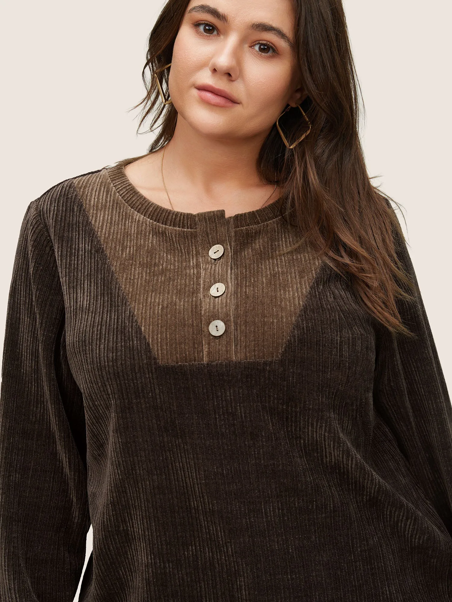 Chenille Plisse Patchwork Button Detail Sweatshirt sold by Bloomchic product image thumbnail 4