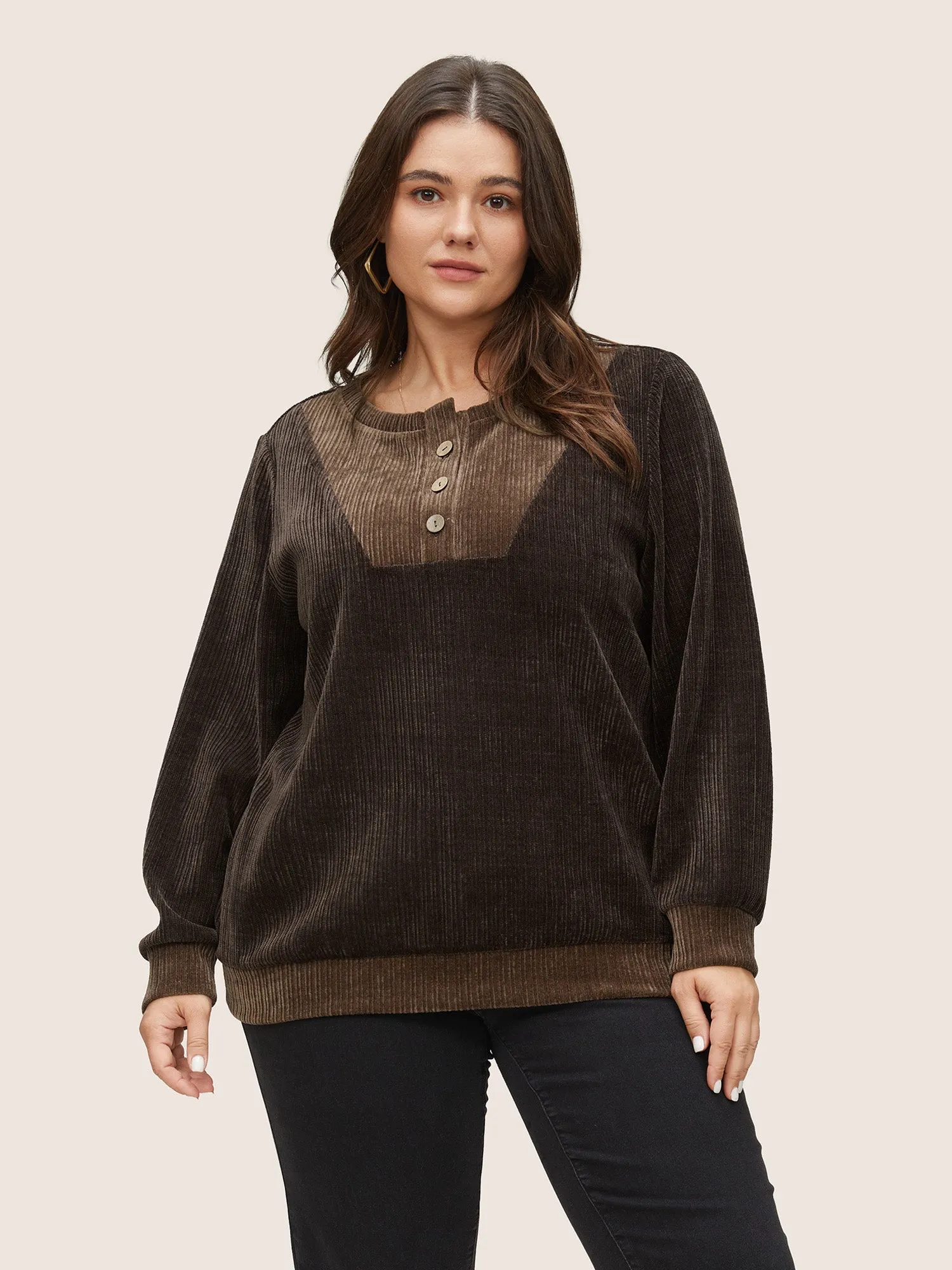 Chenille Plisse Patchwork Button Detail Sweatshirt sold by Bloomchic