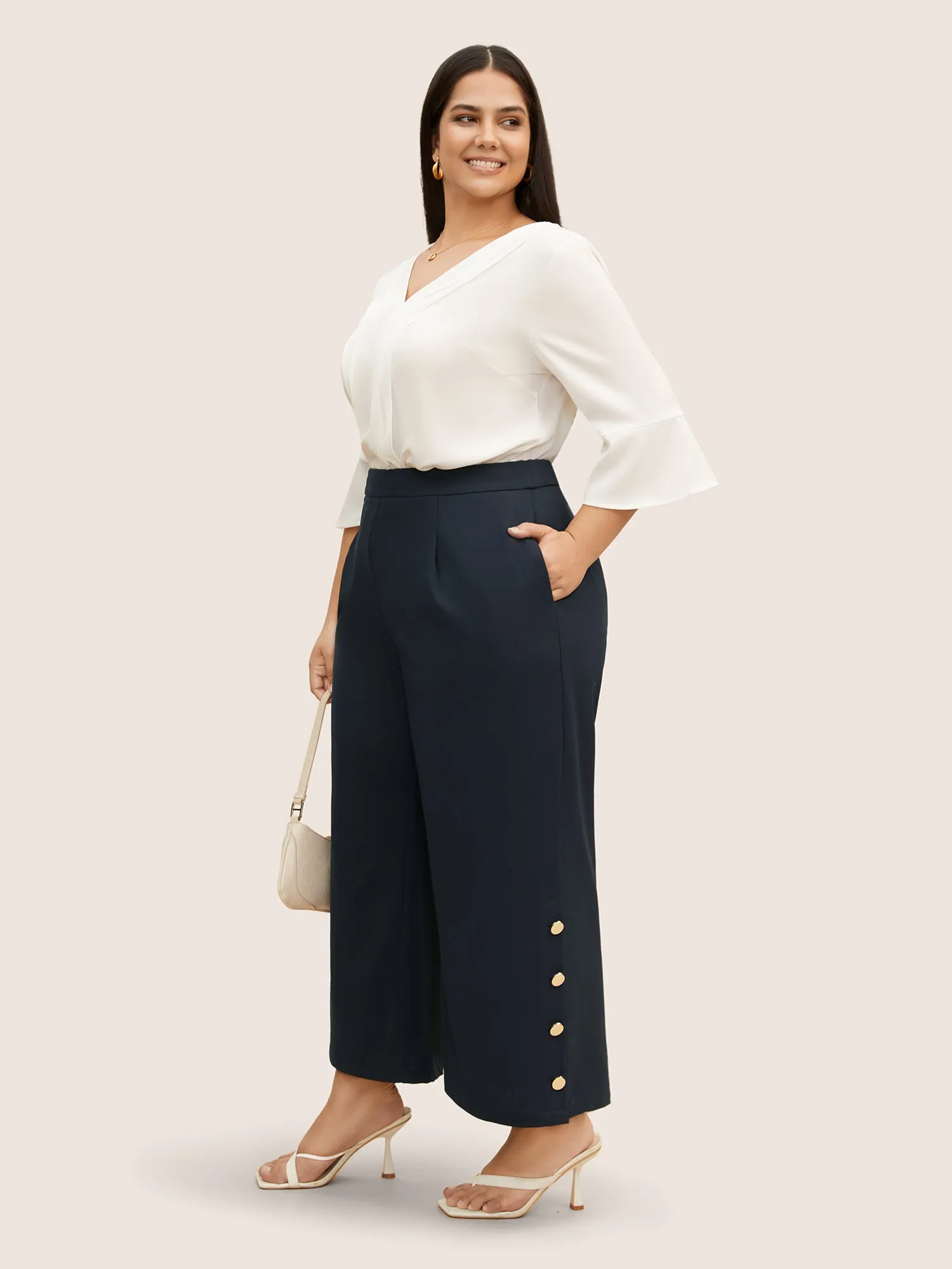 Metal Detail Wide Leg High Rise Pants sold by Bloomchic