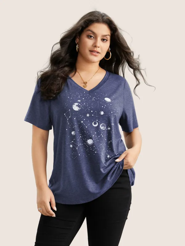 Moon and Star Print V Neck T-shirt sold by Bloomchic