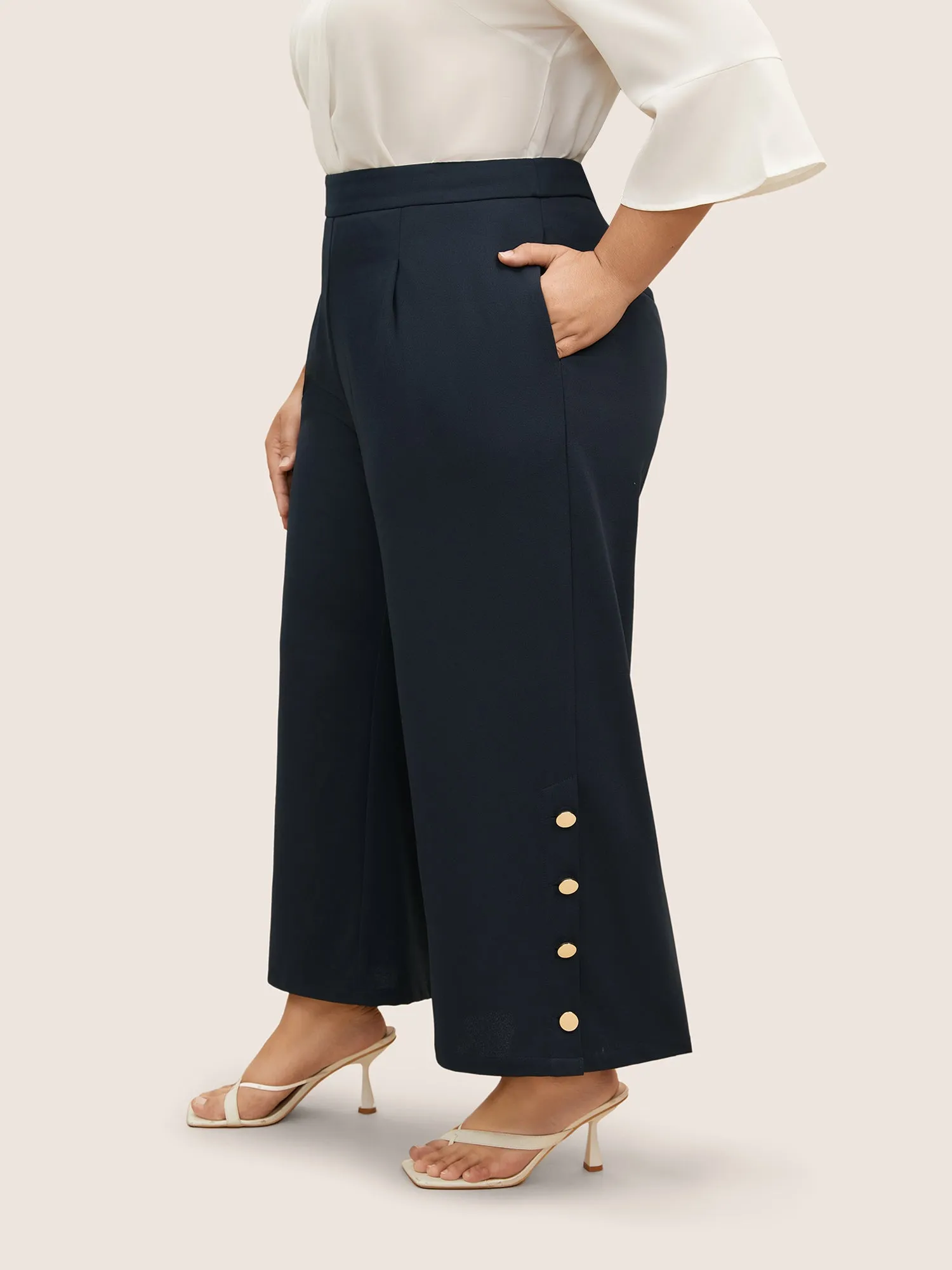 Metal Detail Wide Leg High Rise Pants sold by Bloomchic product image thumbnail 4