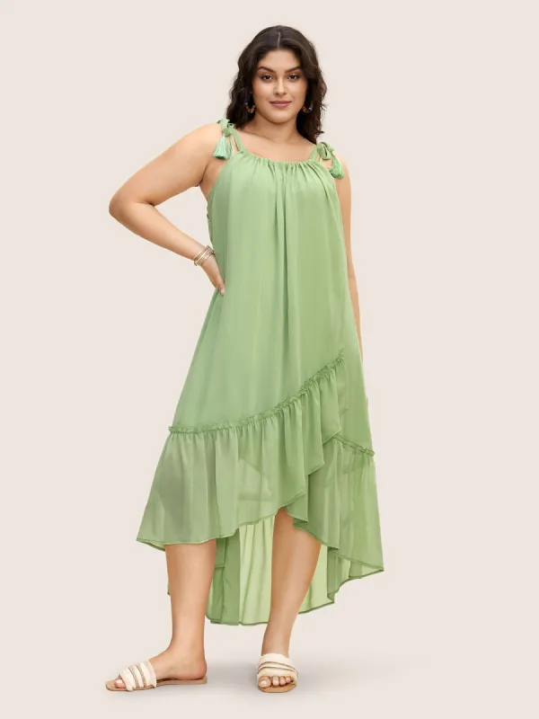 Solid Ruffles Tie Knot Tassel Trim Mesh Dress sold by Bloomchic