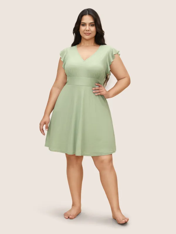V Neck Solid Ruffle Trim Gathered Sleep Dress sold by Bloomchic